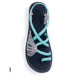 Plaka Palm Leaf Flat 7 Beach Sandals Turquoise Zebra Hand Woven Braided Nautical